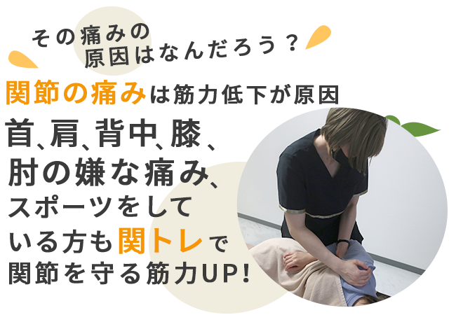その痛みの原因はなんだろう？ 関節の痛みは筋力低下が原因 首、肩、背中、膝、肘の嫌な痛み、スポーツをしている方も関トレで関節を守る筋力をUP!